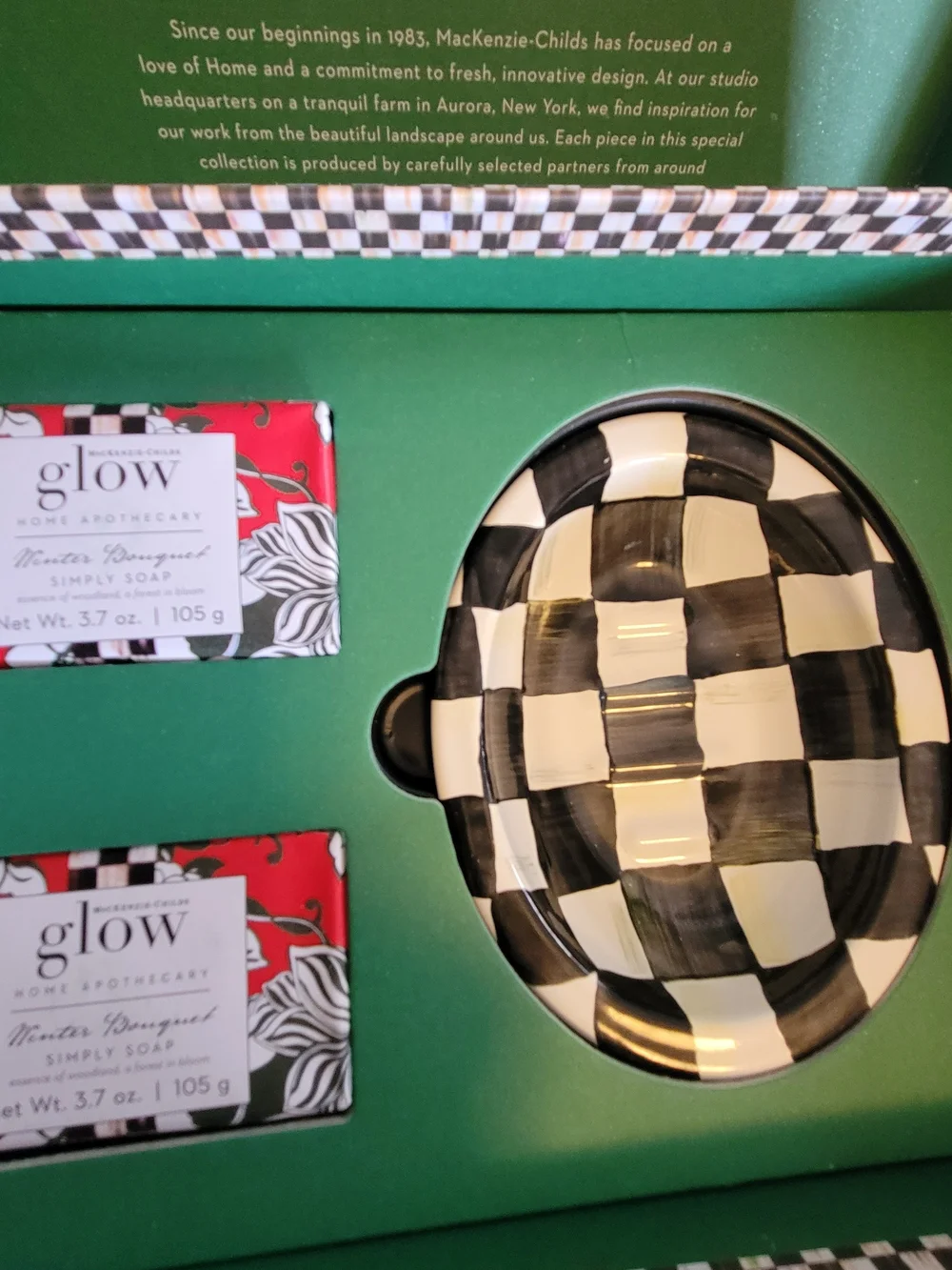 MacKenzie-Childs Black and White Check Ceramic Soap Dish with Red Accent Soaps